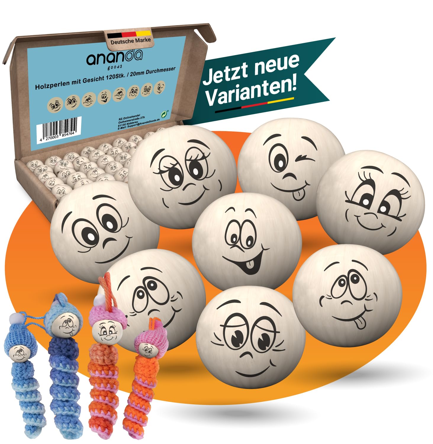Ananda Goods 120 Holzperlen mit Gesicht – 20mm Holzkugeln in 8 süßen Designs – Ideal für Sorgenwürmchen, Glückswürmchen, DIY Schlüsselanhänger, Kinderbasteln, Dekoration & kreative Geschenkideen
