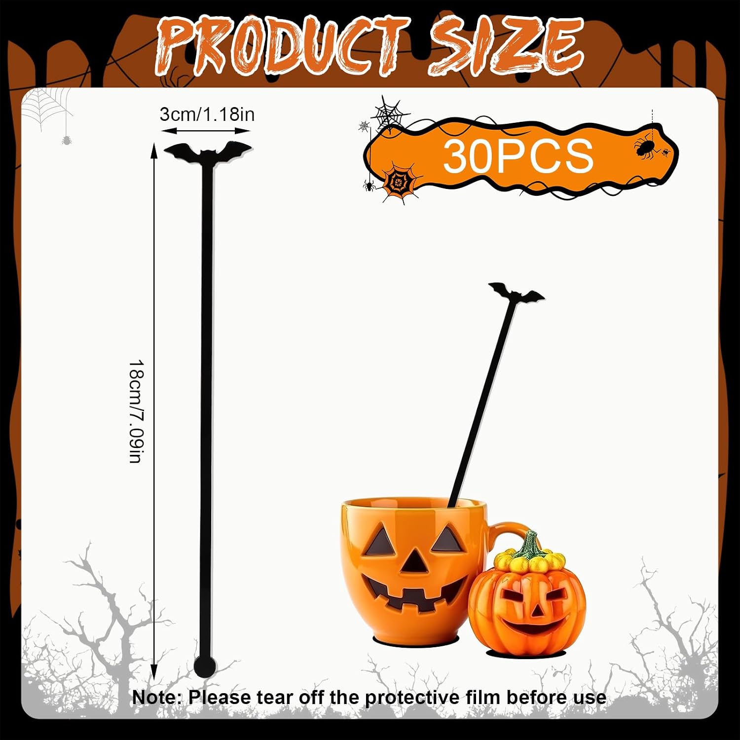 Lyreh 30pcs Halloween Swizzle Sticks, Acrylic Coffee and Cocktail Stirrers Sticks Reusable Drink Mixers for Halloween Thanksgiving Fall Autumn Party Decor Office Home Bar Supplies (Black Bat)