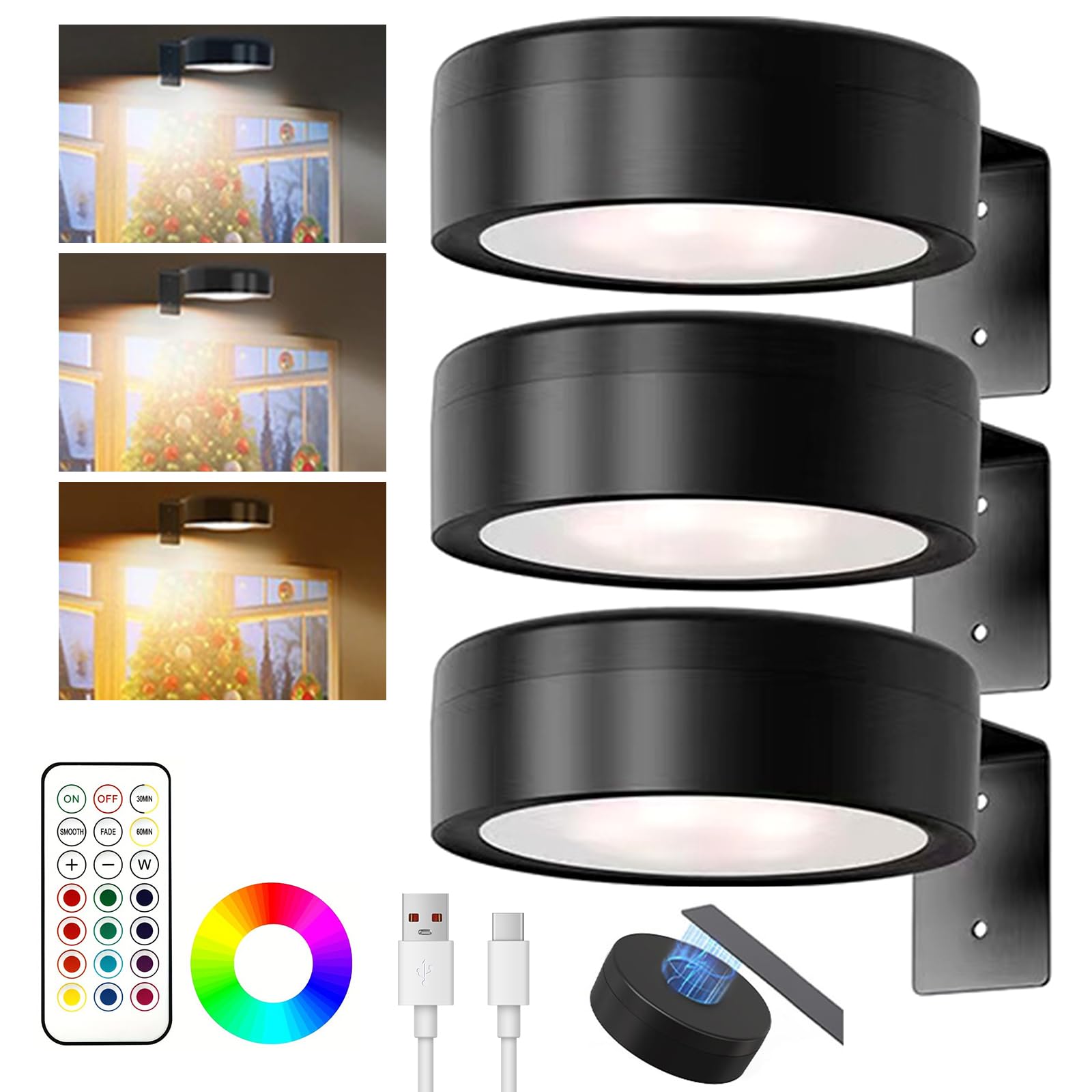 3PCS Applique Murale LED Sans Fil 13 Couleurs Magnétiques Rechargeables pour Cadres Photo, Spot LED avec Télécommande, Variateur et Minuterie, Lampe Murale pour Tableaux et Peintures.