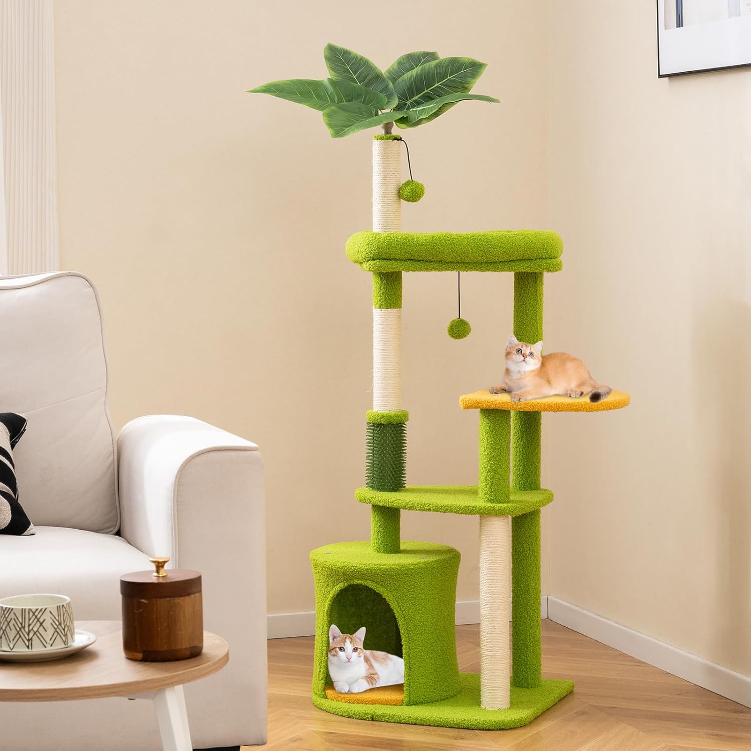 PETSITE Palm Cute Cat Tree, 48 Inches Tall with Sisal Scratching Posts, Condo, Dangling Ball, and Self Groomer, Ideal for Indoor Small & Medium Cats (19 x 16 x 48 inches)
