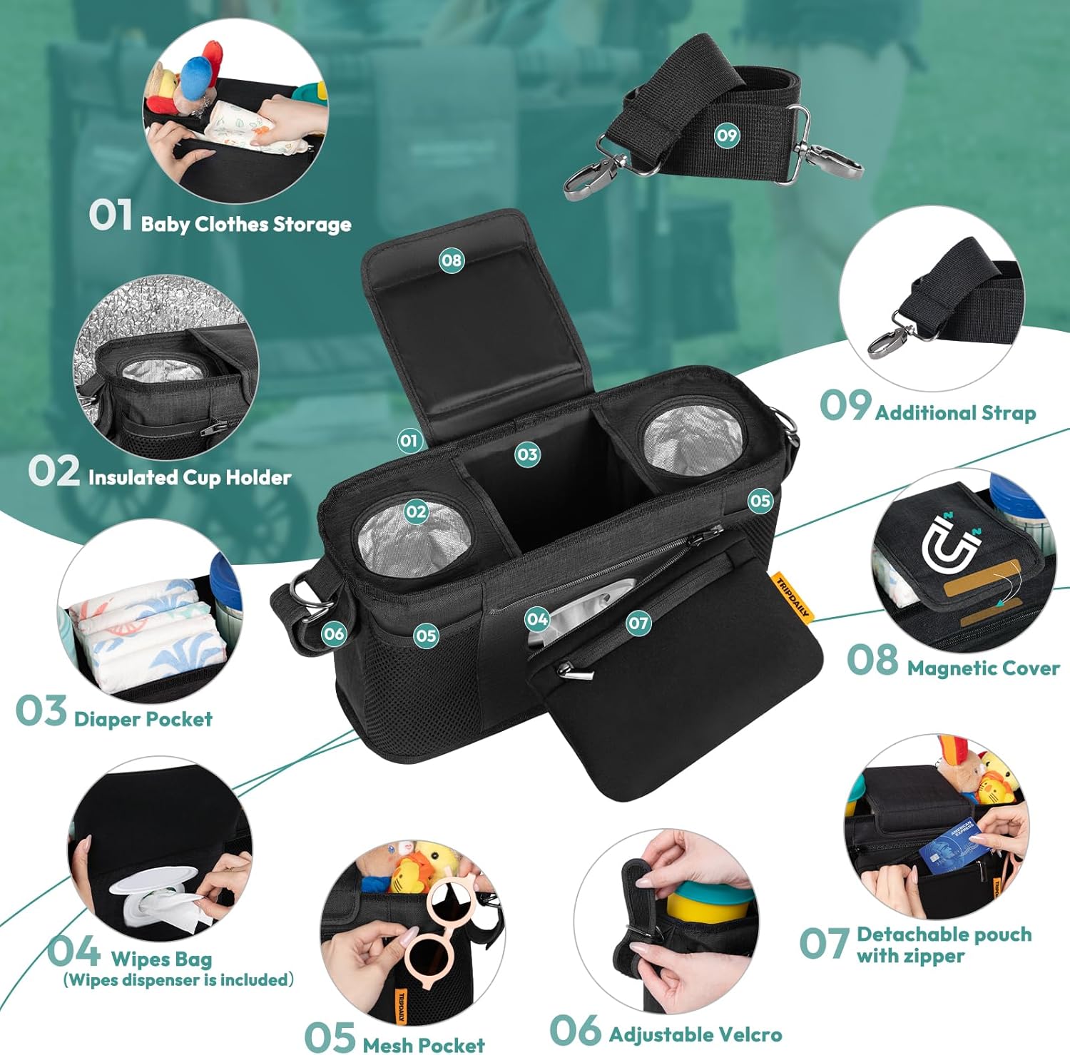 Parent Console Fits for Wonderfold W2&X2, Wagon Stroller Organizer with 2 Insulated Cup Holders, Multiple Storage Pockets, Detachable Pouch, Removable Shoulder Strap, Essential of Family