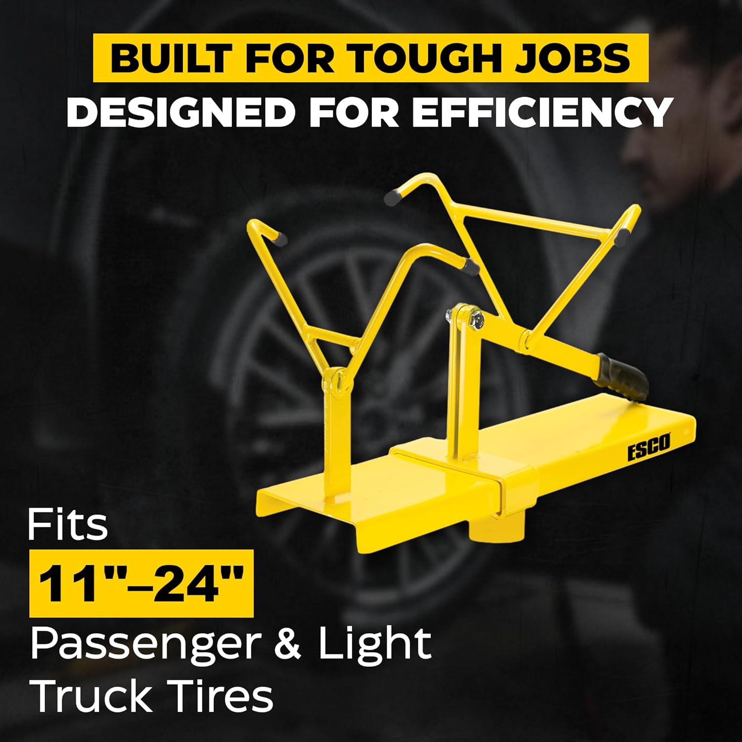 ESCO Manual Tire Spreader – Turn-Table Style | Bench Mount Tire Repair Stand for Passenger & Light Truck Tires | Fits 11"–24" Tires | Manual Tire Changer Accessory | Heavy-Duty Steel Tool – Yellow
