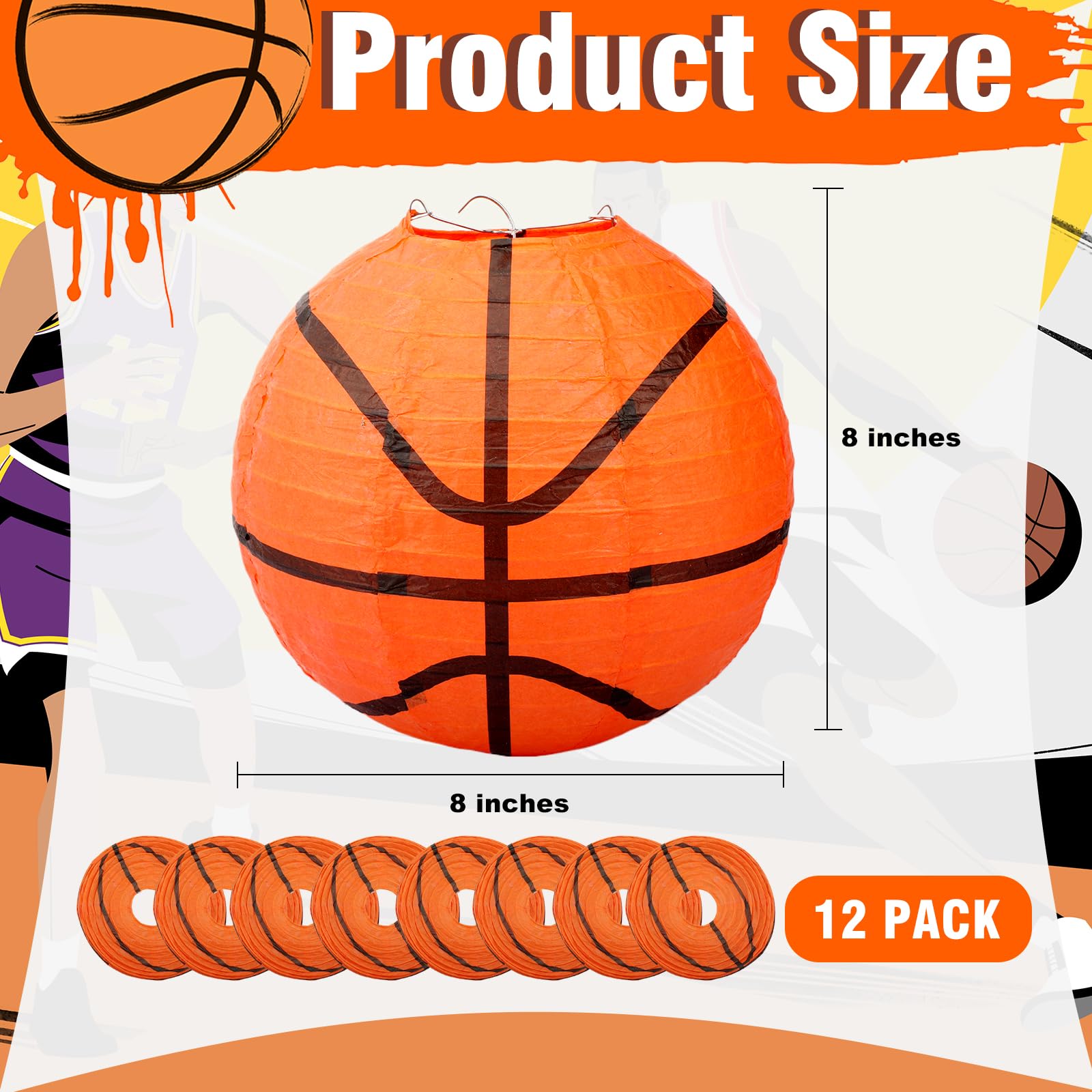 12 Pieces Basketball Paper Lanterns with Copper Wire 8 Inch Orange Basketball Hanging Decorations for Sports Themed Party, March Madness, Birthday, Baby Showers, Classroom, Home Indoor Outdoor Decor