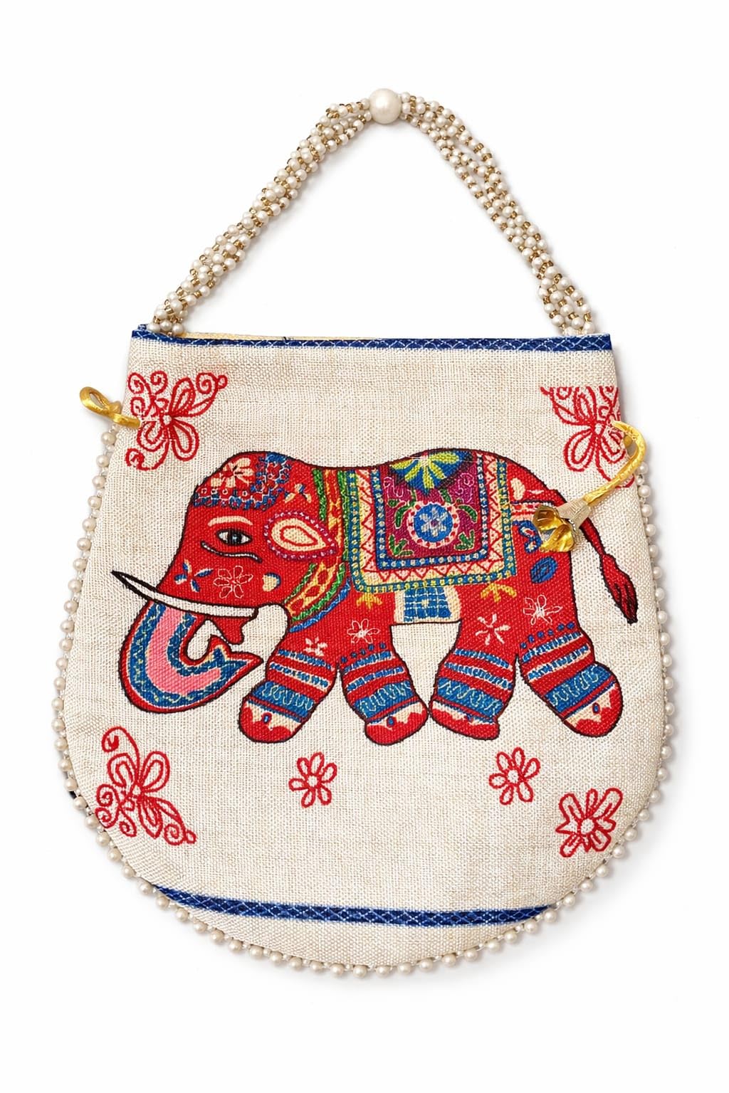 Ethnic Elephant Print Potli Bag, Cream, Jute, Pearl Beaded Handle, Rajasthani Style-image-36