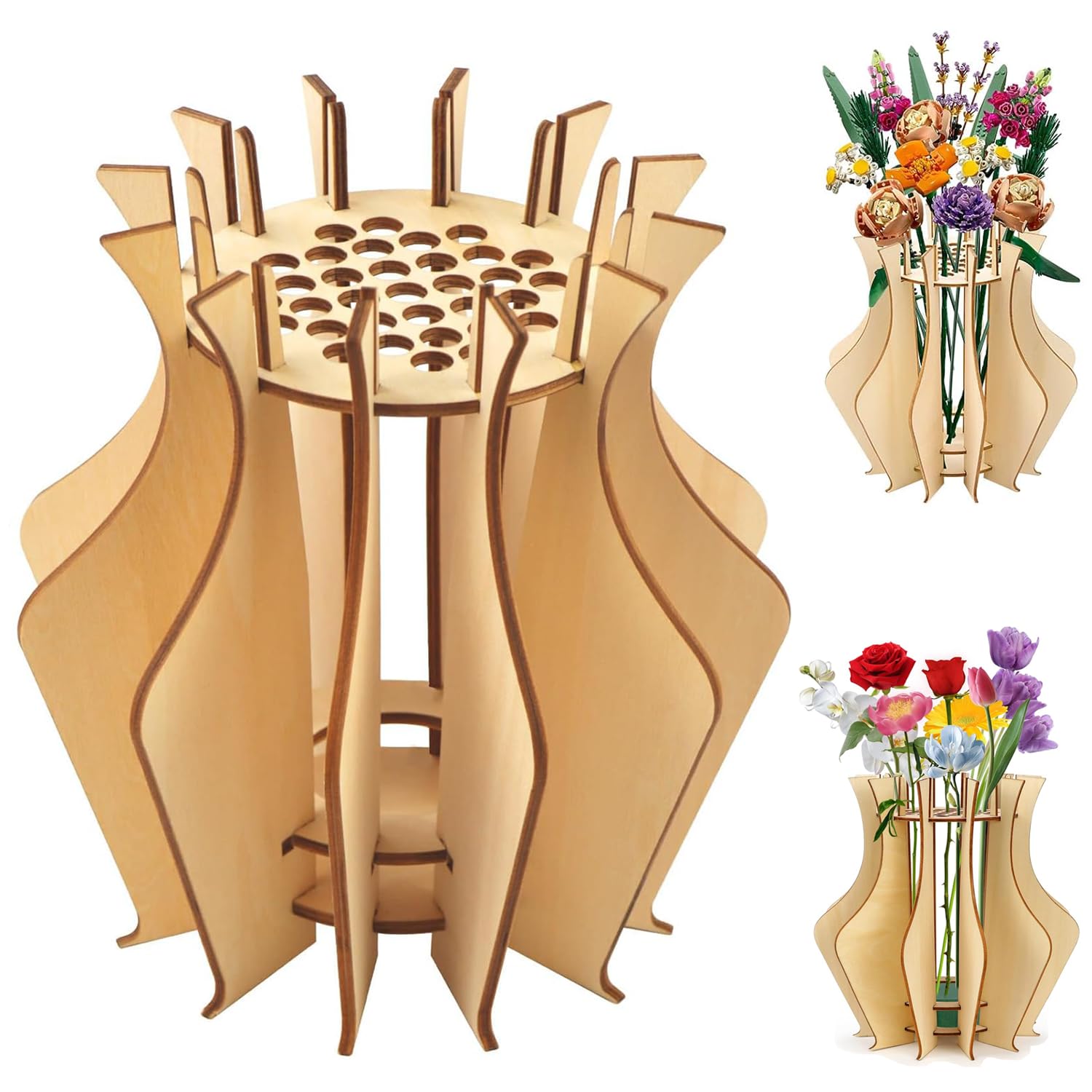Rxkfigx Wood-Coloured Wooden Vases For Lego Flower Bouquet Arrangements Vase Compatible With Lego Flowers Fake Bouquet Building Block Set Display Stand Arrangement Home Decoration（Big）
