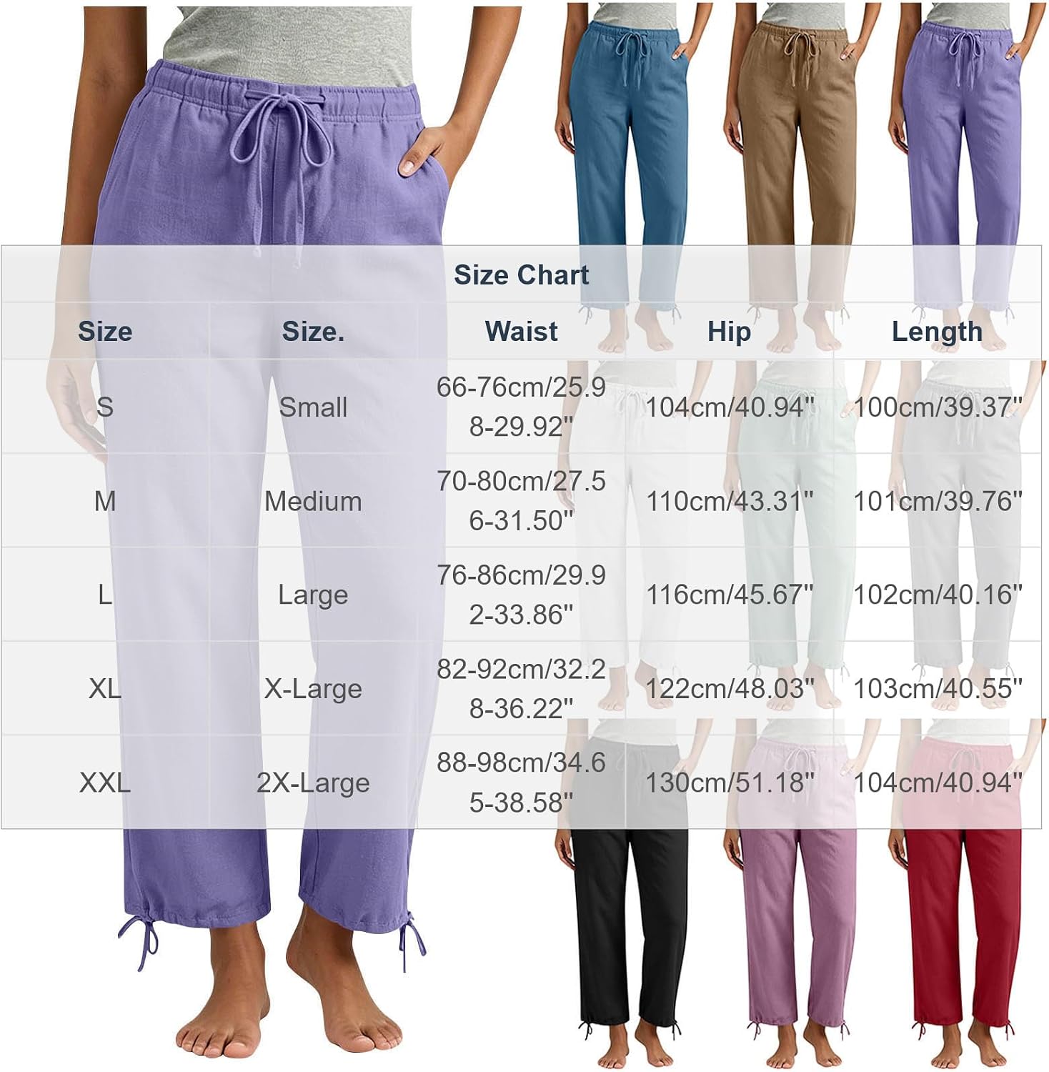 Womens Cotton Linen Pants Lightweight Drawstring Elastic Waist Pant Casual Straight Leg Lounge Trousers with Pockets