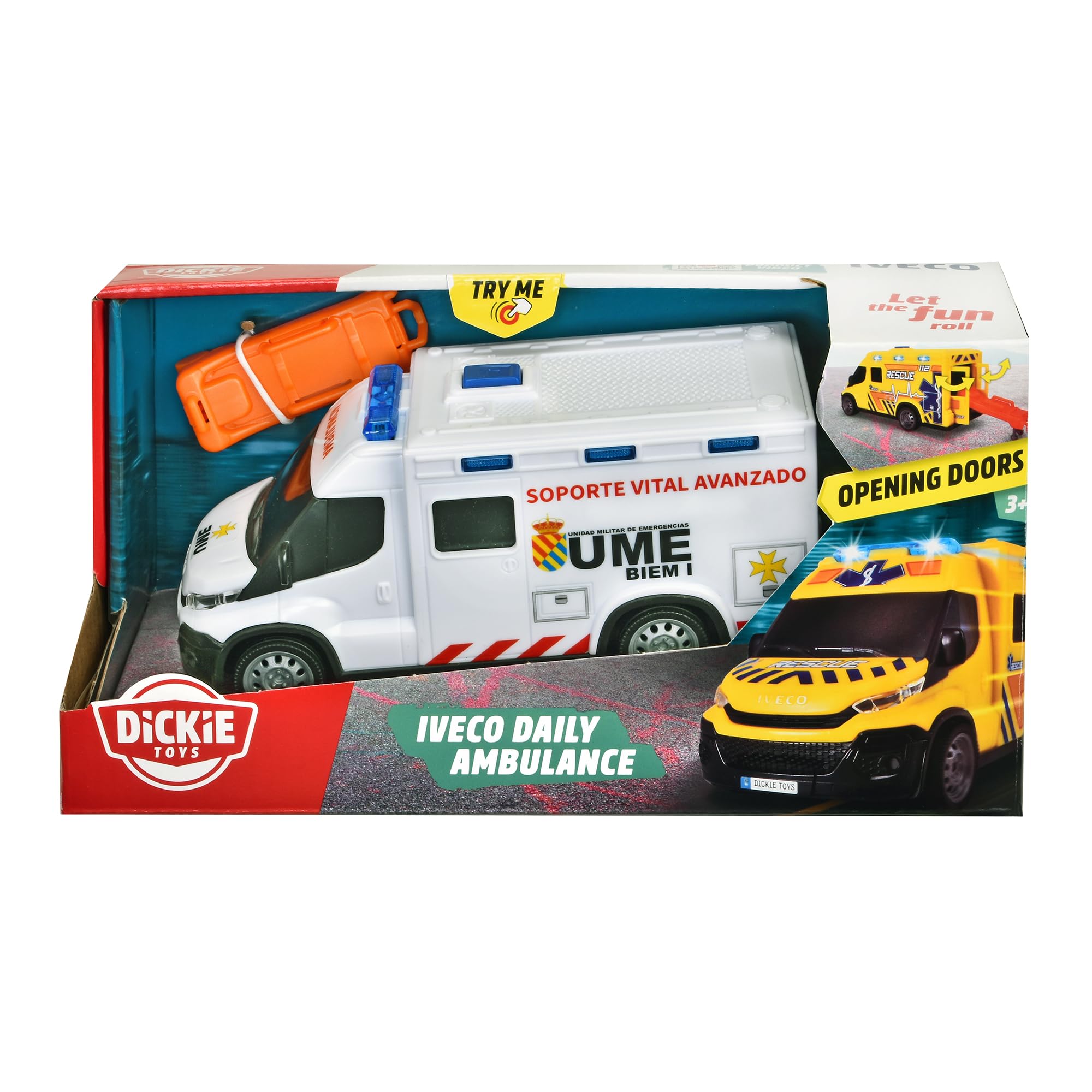 Dickie Toys - Ambulanza IVECO UME 18 cm, Ambulanza giocattolo, Luce e Suono, Ruota con Girata Libera, con Barella, Veicolo Giocattolo Bambini Ragazze a partire dai 3 anni (203713014SI5)