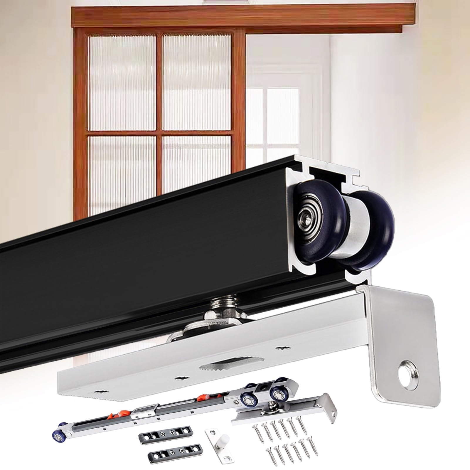 EBZFASO Sliding Door Track, Bypass Sliding Door Soft Close Track Kit(Black,220cm/7.2ft)