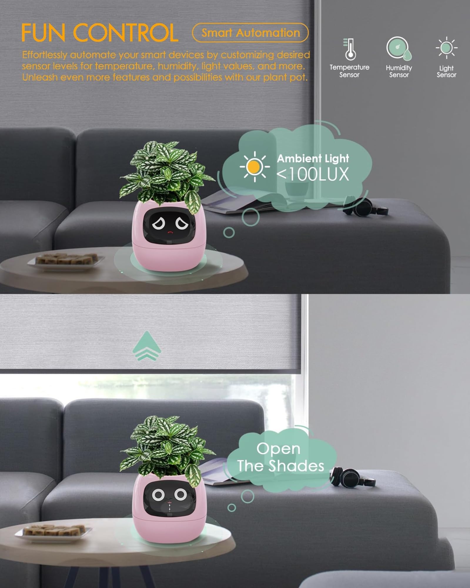 AI Smart - Vaso per piante con sensori intelligenti e display LCD, controllo tramite app, per casa, espressione intelligente, visualizzazione dell'ora e del tempo