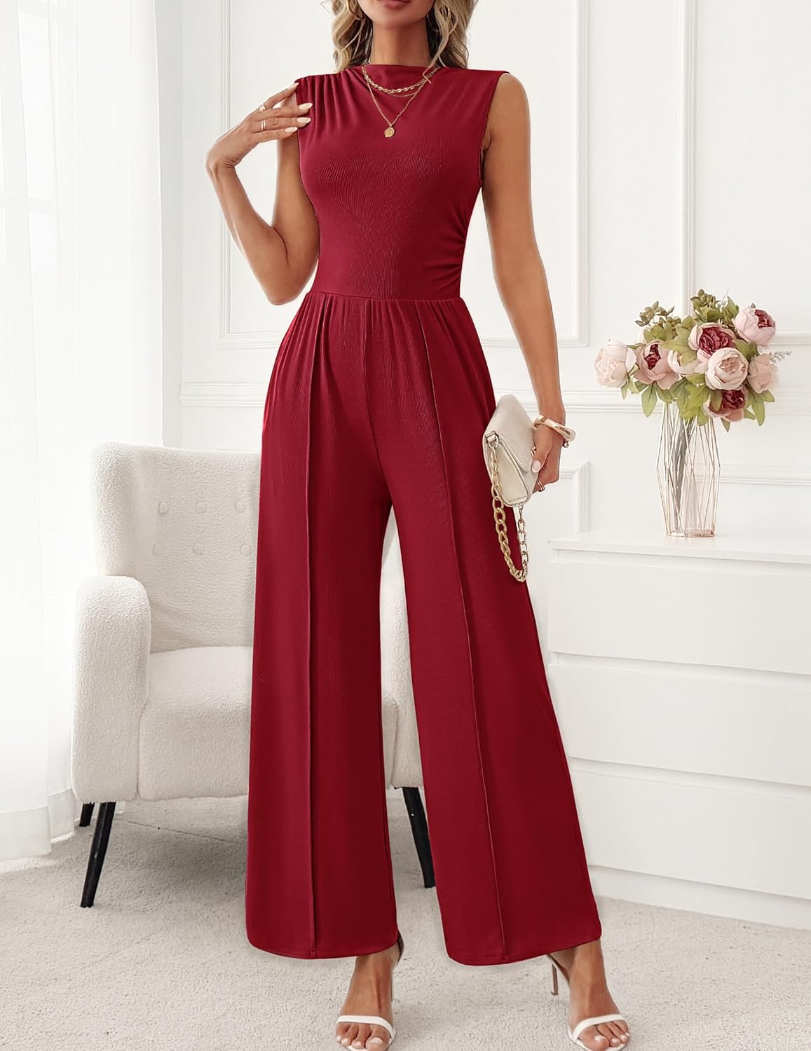 Womens Jumpsuits Dressy Casual Summer Sleeveless Mock Neck Wide Leg Pants Rompers with Pockets One Piece Outfits - Image 6