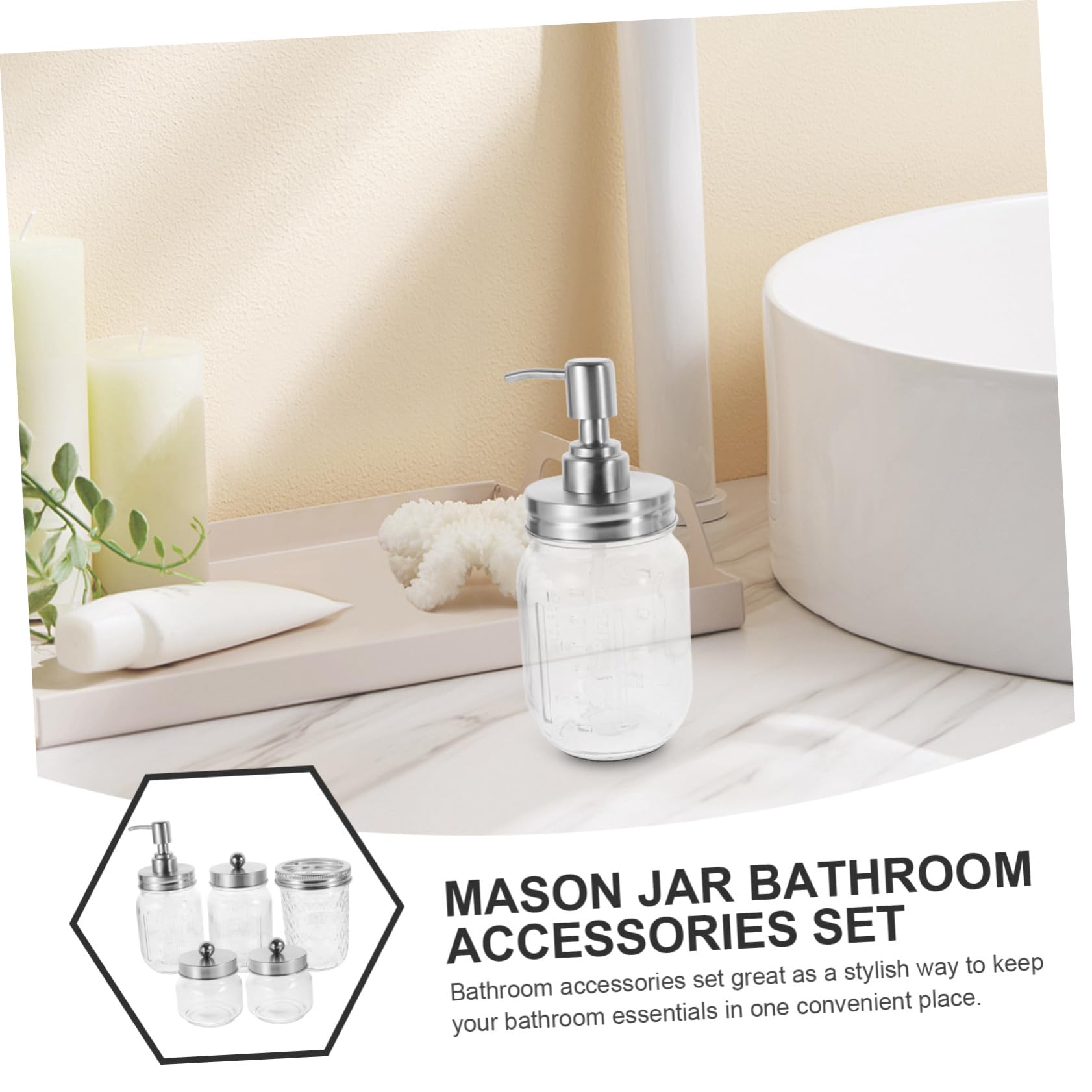 Juego de Accesorios para Cuarto de Baño Dispensador de Jabón, Soporte para Cepillo de Dientes y Tarros de Vidrio, Diseño Clásico y Portátil para Uso en Casa