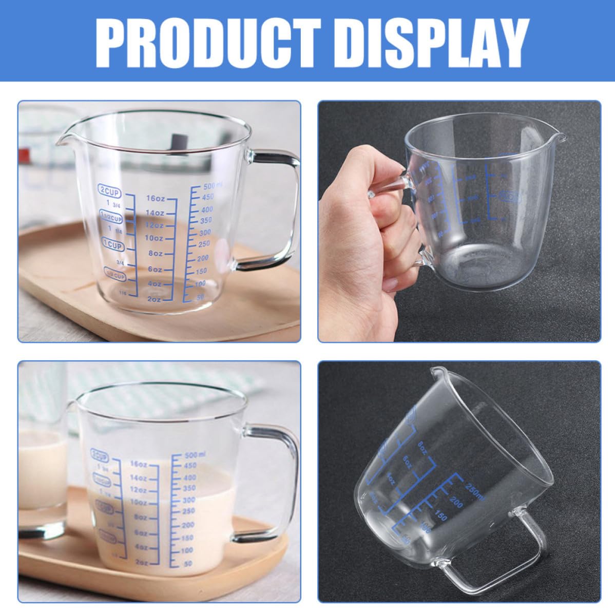 VALICLUD 3 Piezas Taza Vidrio y Medidora de Asa 500ml 250ml con Líquidos | Graduación Visible, Fácil de Llevar y Guardar, Uso en Cocina