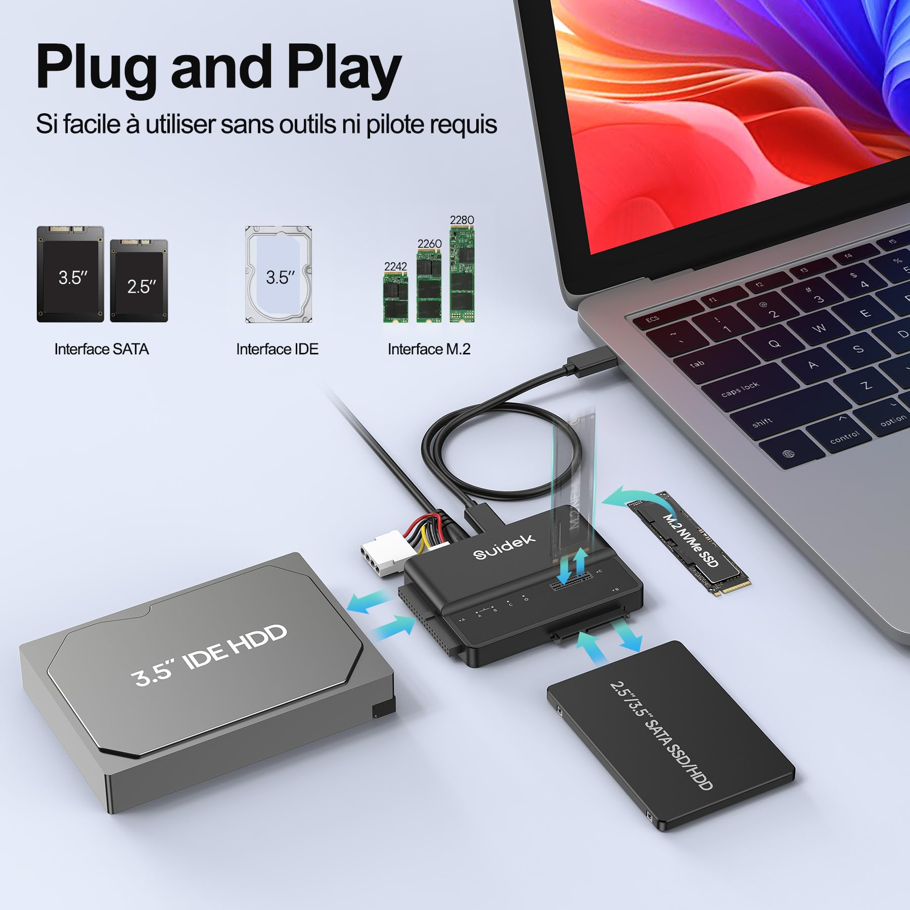 SUIDEK Adaptateur M.2, Lecteur de Disque Dur USB 10 Gbps, Adaptateur PCIe NVMe, SATA et IDE, Prend en Charge (clé M et clé M+B) Les SSD M.2 de Toutes Tailles, SSD/HDD SATA et HDD IDE de 3,5"
