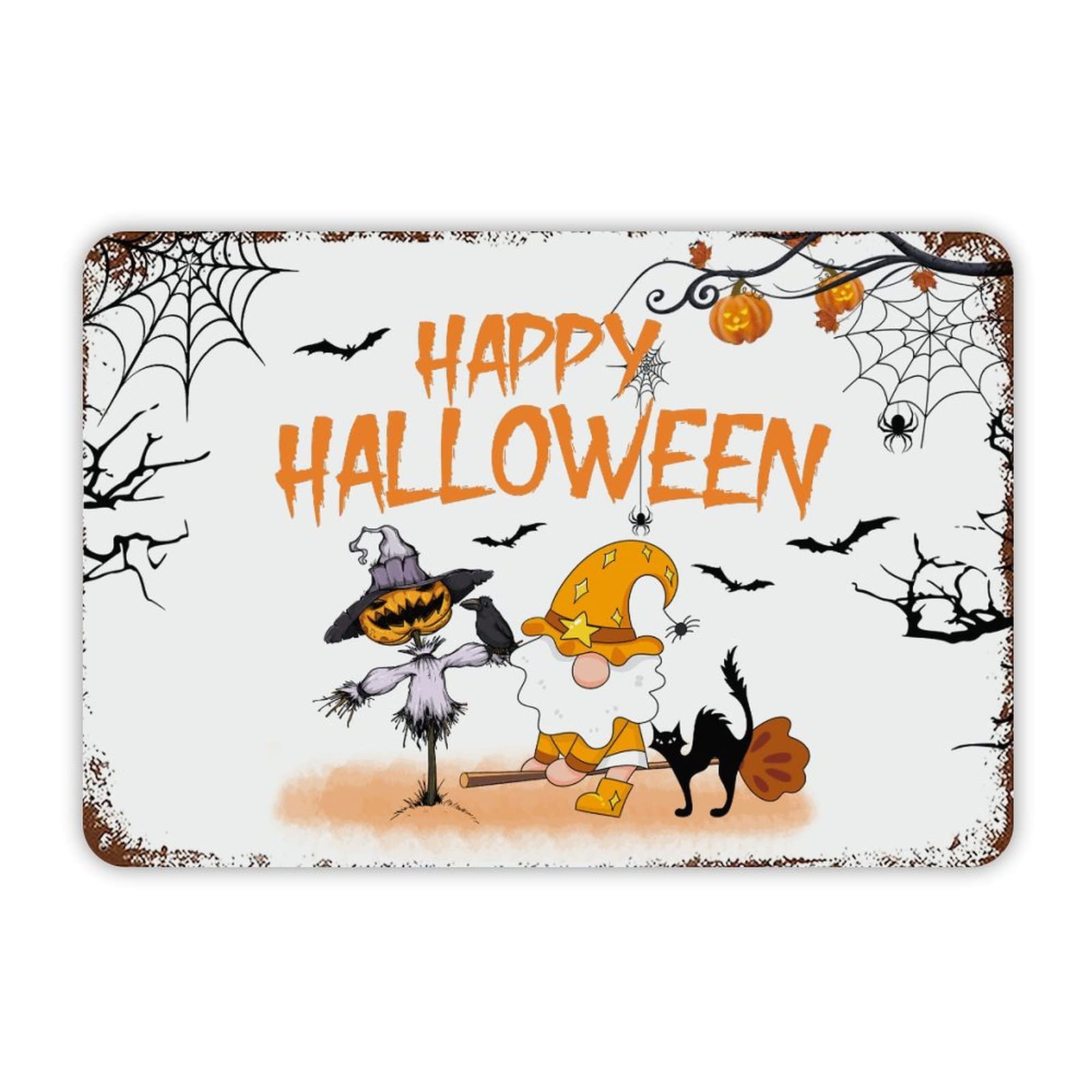 ENEDNATE Happy Halloween Gnome Pumpkin Aluminum Tin Metal Sign for Indoor Outdoor Business Retail Store Patio Yard Home Decoration Easy to Mount Wall Art Print Poster 8x12 Inch