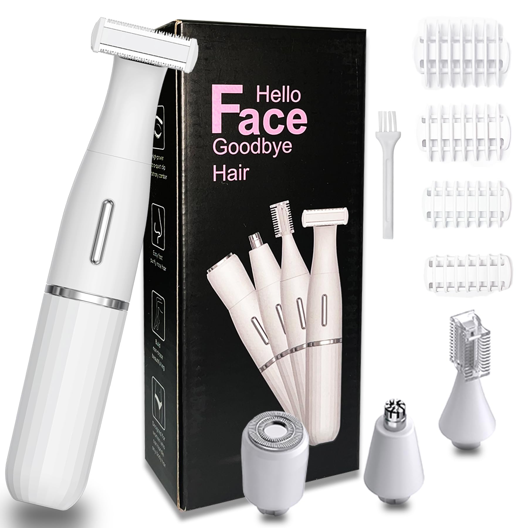 Yoyika 5 en 1 Depiladora Afeitadora Eléctrica para Mujer, Portátil Recortadora Femenina con Tecnología Húmeda/Seca, USB Cable, para Cara, Cejas, Nariz, Axilas, Piernas, Vello Facial, Bikini (Blanco)