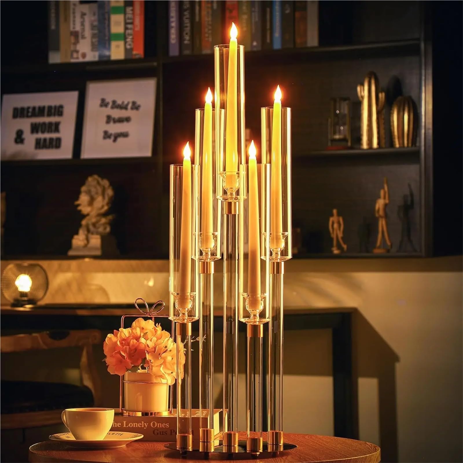 Portavelas Candelabros de Mesa Transparentes de Cristal de 5 Brazos con Pantalla