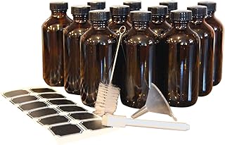 Nevlers 12 Pack 8 oz Amber Glass Bottles with Caps | The Brown Glass Bottles Includes Caps & a Funnel and Brush with Bonus...