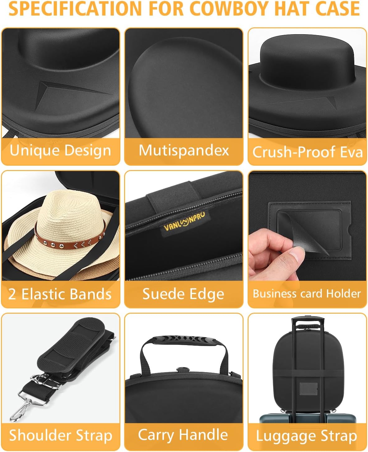 Cowboy Hat Box - Crush Proof Travel Carrier Case - Storage for Cowboy, Panama, Tweed & Fedora Hats - Equipped with Carrying Handle, Shoulder & Luggage Straps - Large - Black