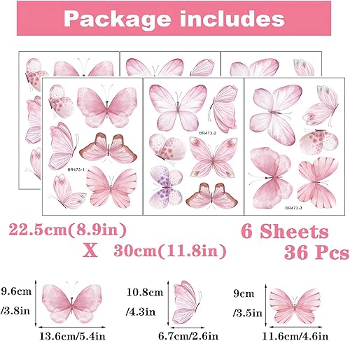 Miniatura 3 de sacinora - 6 hojas de 36 calcomanías de pared de mariposa rosa, calcomanías de pared de arte de acuarela removibles para niños, bebé, guardería,