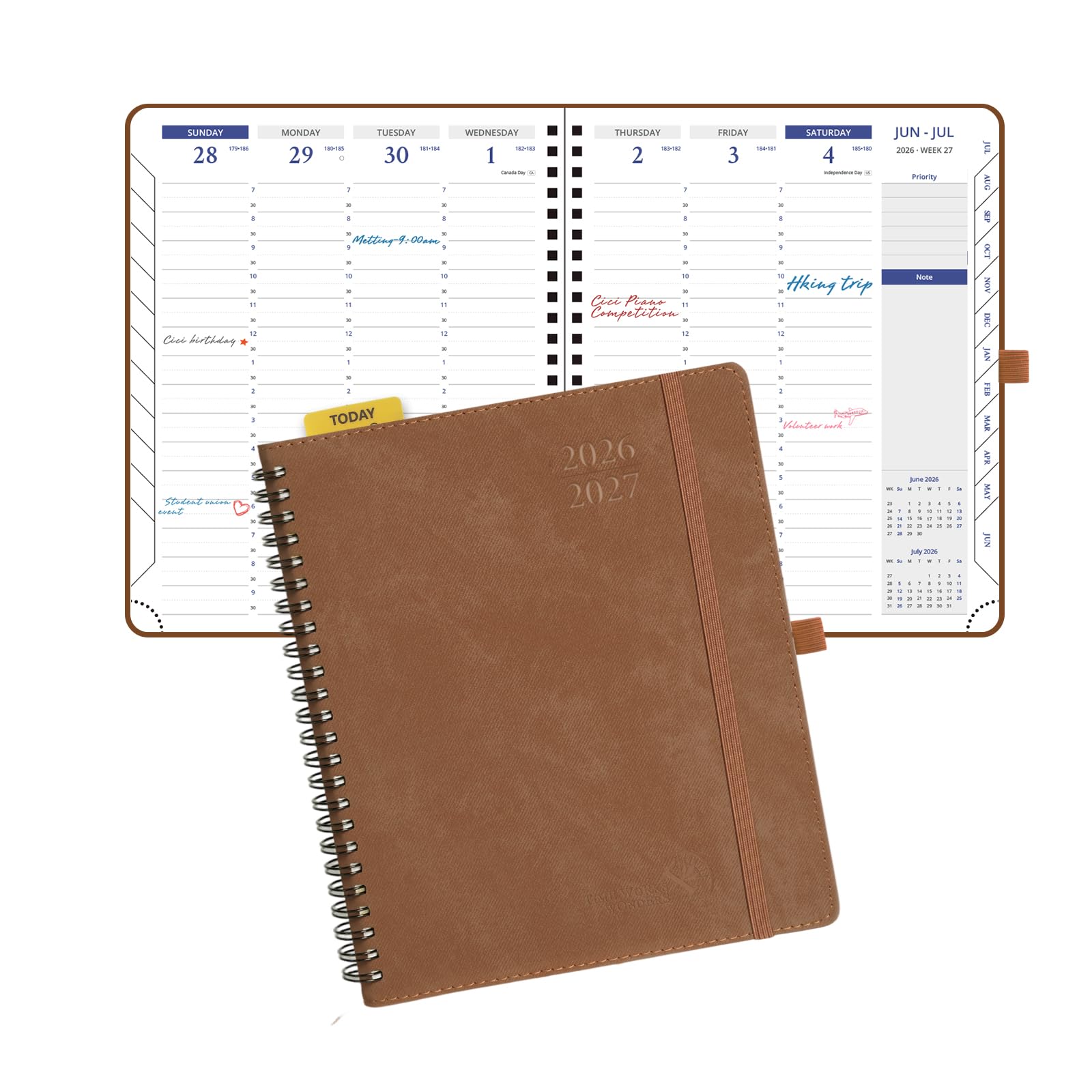 POPRUN Agenda semanal académica 2026-2027, 7 x 8.5 pulgadas, julio de 2026 a junio de 2027, cuaderno encuadernado en espiral con diseño vertical, ranuras horarias por hora, tapa blanda de piel