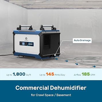 ARGENDON 145 Pint Crawl Space/Basement Dehumidifier with Drain Hose, Commercial Dehumidifiers for Large Space, Industrial, Water Damage, Auto Defrosting,