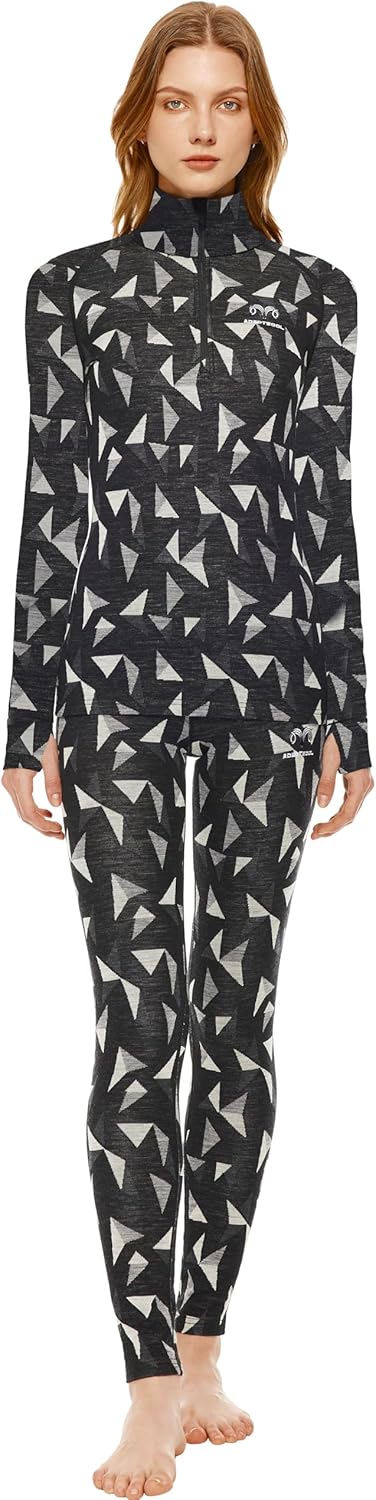 Women's Merino Wool Base Layer John Set Half Zip Top and Bottom Thermal Underwear