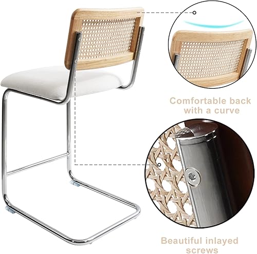 Miniatura 5 de GrandNoor White Modern - Juego de 3 taburetes de bar de altura de mostrador con caña de ratán natural y respaldos de madera maciza, tapicería de 24