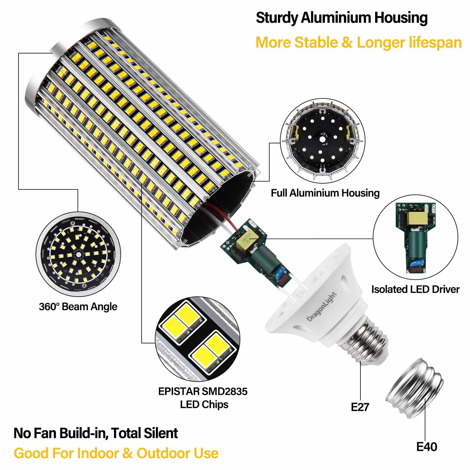DragonLight 54 W Lampadina LED ma super brillante (sostituisce 400 W) - Lampada Edison E27/E40-3000 K, bianco caldo, 6500 lm, per illuminazione commerciale, garage officina, ufficio, cortile