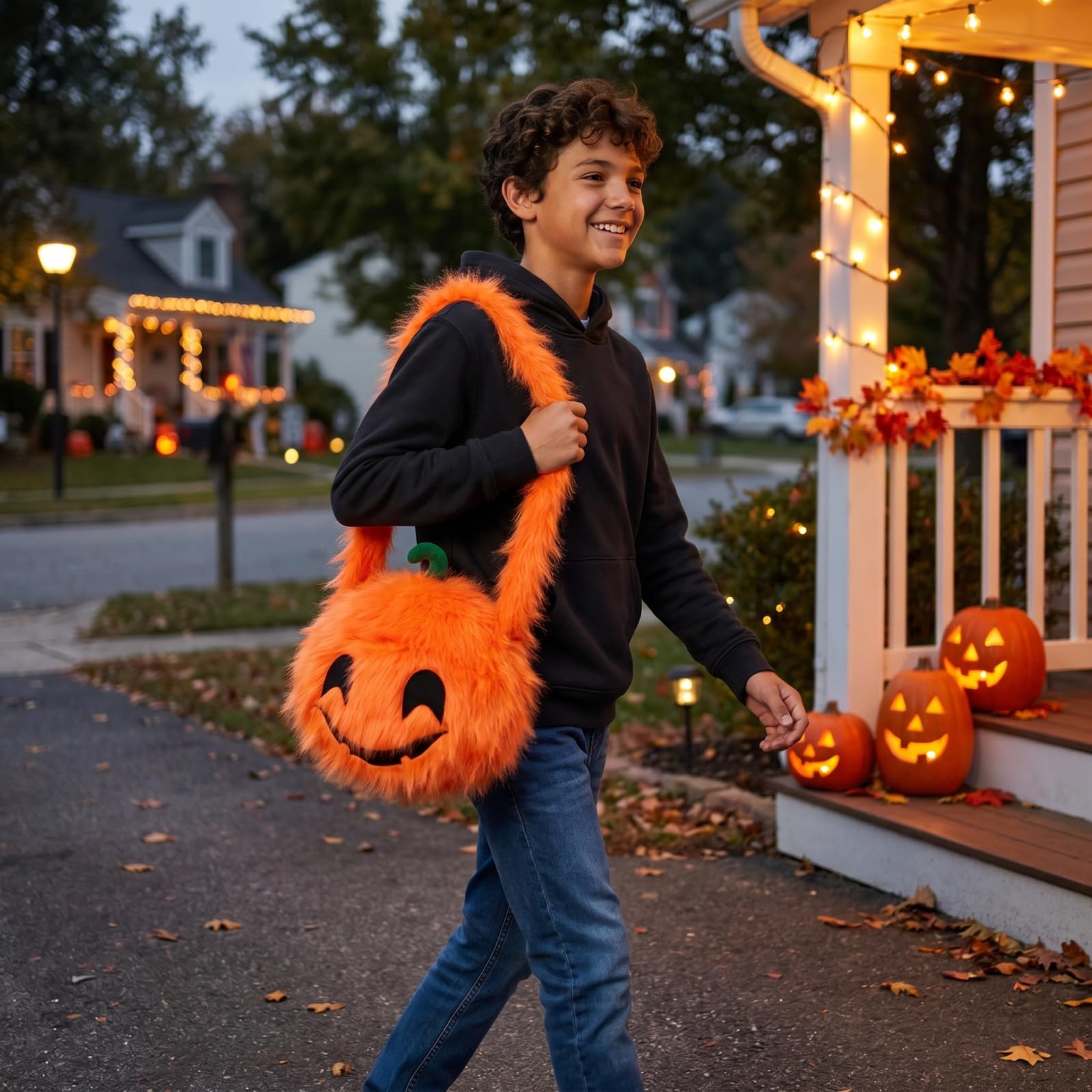 Halloween pluszowa torba do przechowywania słodyczy w kształcie główki dyni, zabawna torba na ramię z uśmiechniętą twarzą, pomarańczowa, puszysta torba do przytulania, torba na prezent na imprezy.