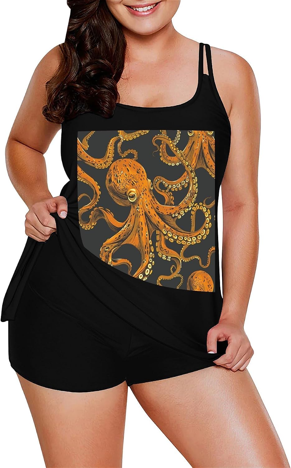 Orange Octopus Pattern Tankini Swimsuits for Women Tummy Control Two Piece Bathing Suits Swim Tops with Boy Shorts