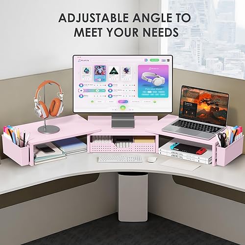 Miniatura 6 de OPNICE Organizador de escritorio rosa y accesorios para mujer, soporte para monitor de computadora doble con cajón y 2 soportes para bolígrafos,
