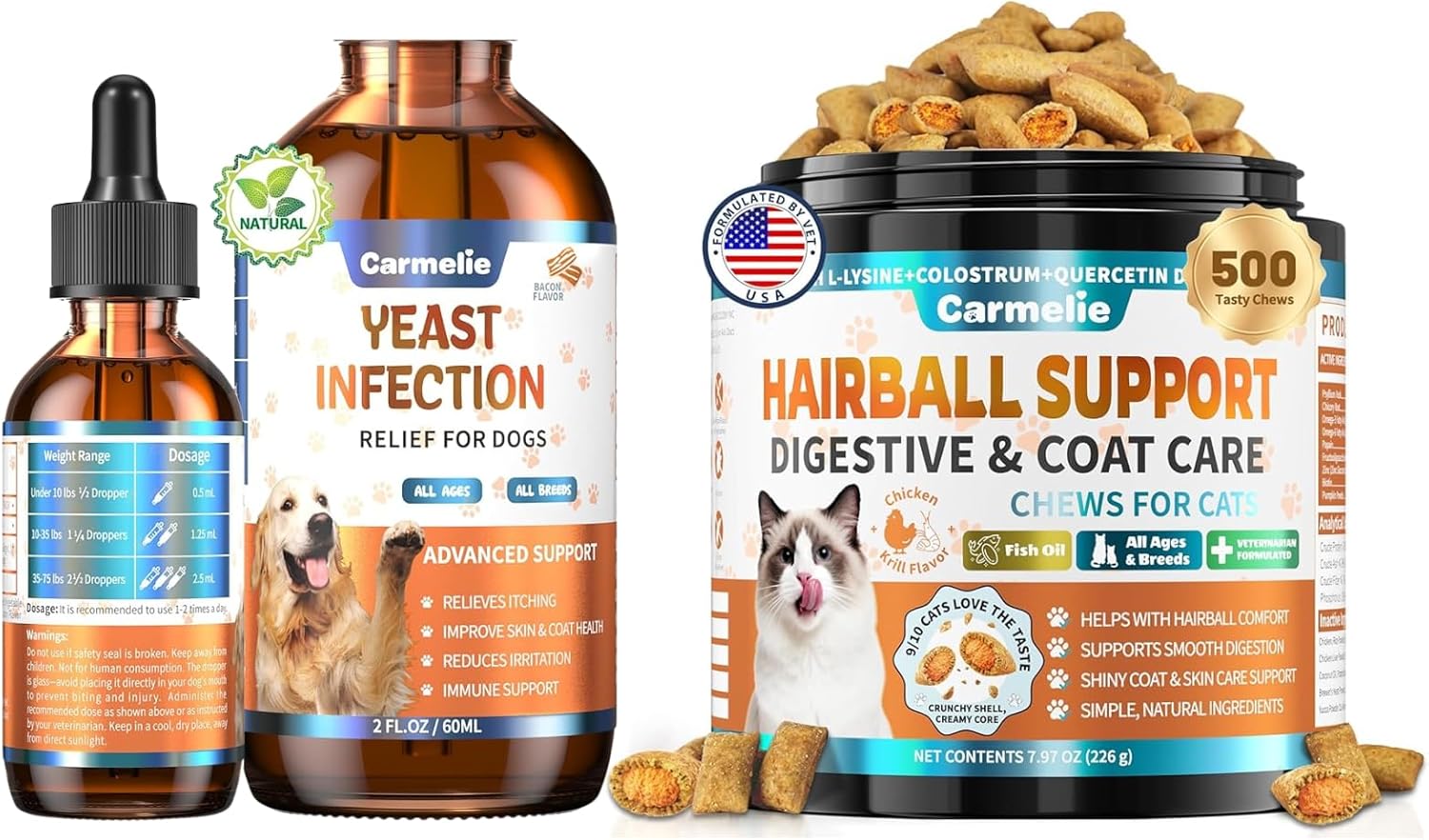 Cat Hairball Support Chews and Natural Yeast Relief for Dogs, Ear Paw Discomfort Care, Cat Hairball Control & Digestion Support