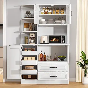 DWVO Kitchen Pantry Storage Cabinet, 64" H Kitchen Hutch Cabinet with Power Outlet, Sliding Racks with Door, Drawers with Doors and 3-Tier External Shelves for Living Room, Dining Area (White)