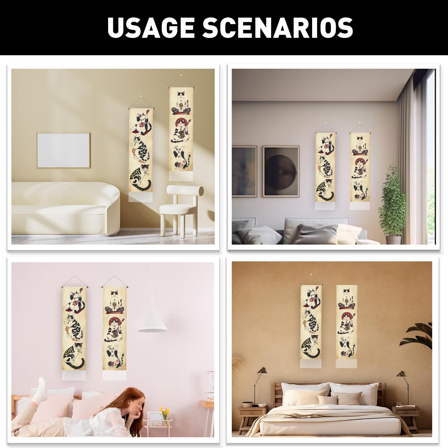 PLIGREAT Confezione da 2 Arazzo Verticale Stile Giapponese Retro Gatti Estetica Arazzo Da Parete Per Camera Da Letto Soggiorno Decorazione Della Casa Lungo Arte Sottile Arazzo Con Nappe