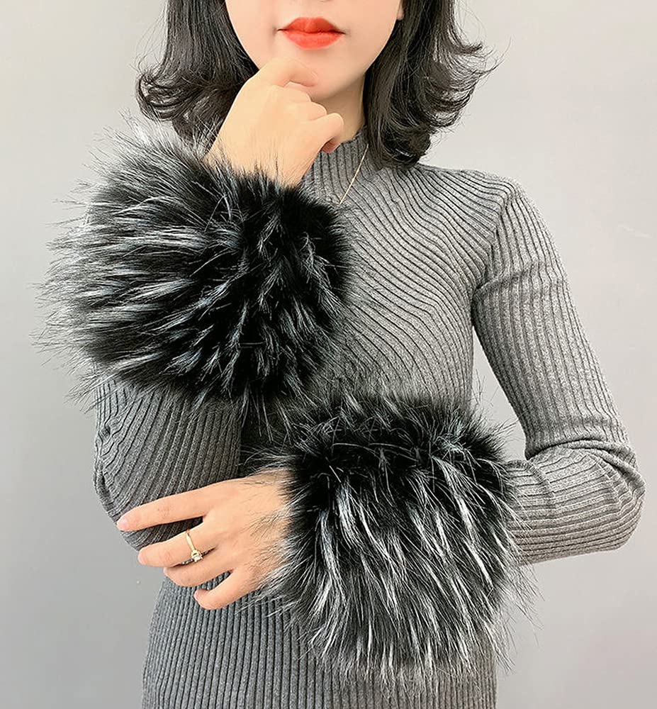 Coverdeal Women's Faux Fur Wrist Cuffs, Winter Hand Covers Fluffies Wrist Band Ring Cuff Arm Warmer for Costume, Multicolor (Black Mixed)