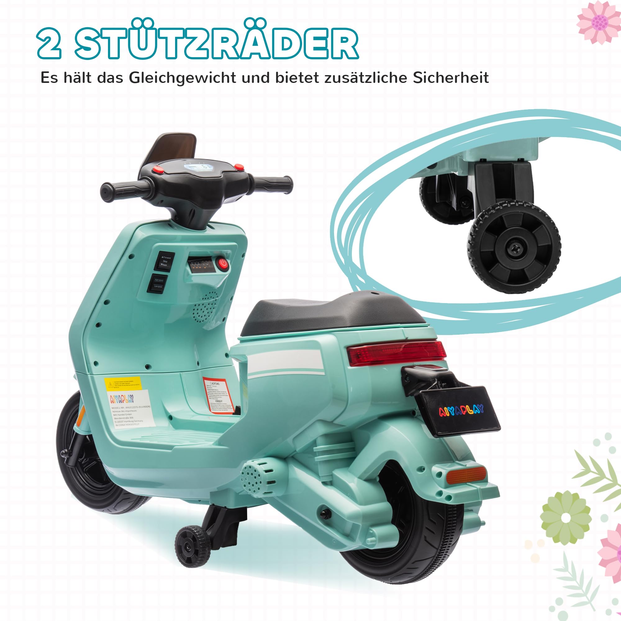 AIYAPLAY Kinder Elektro-Motorrad, 6V Kindermotorrad mit Scheinwerfer, Musik, Vor- und Rückwärtsgang, Trainingsräder, 1,5-3 km/h, Elektromotorrad für 1,5-3 Jahre Kinder, Grün