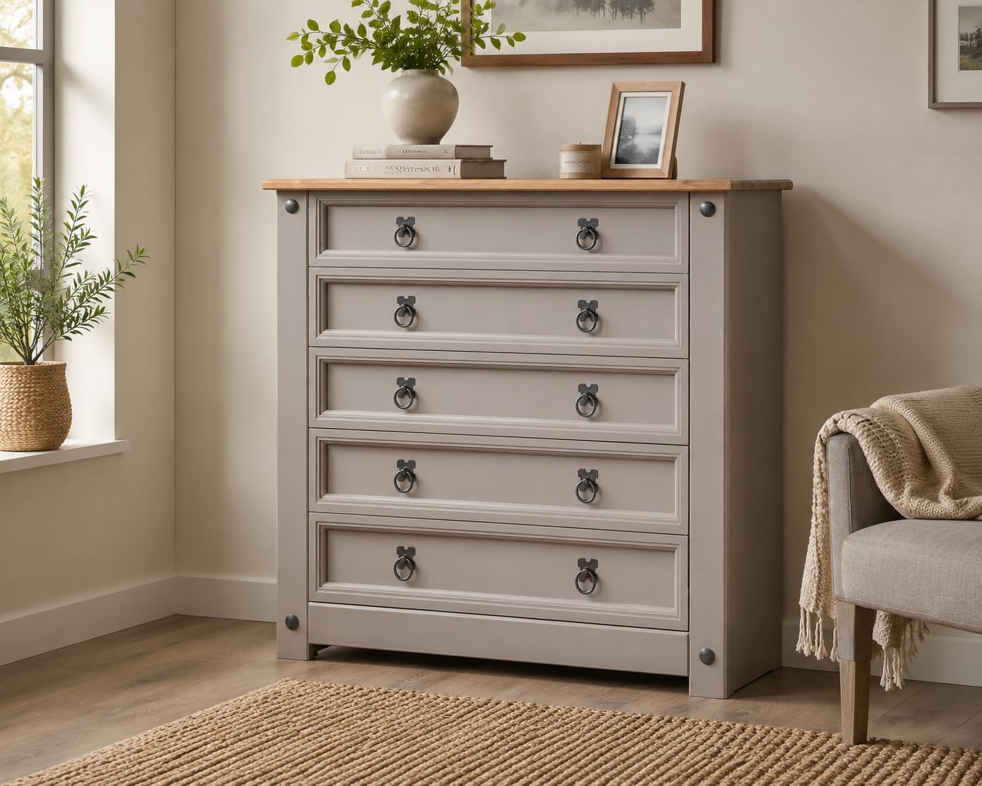 Corona Solid Wood 89cm W 5 - Drawer Chest of Drawers