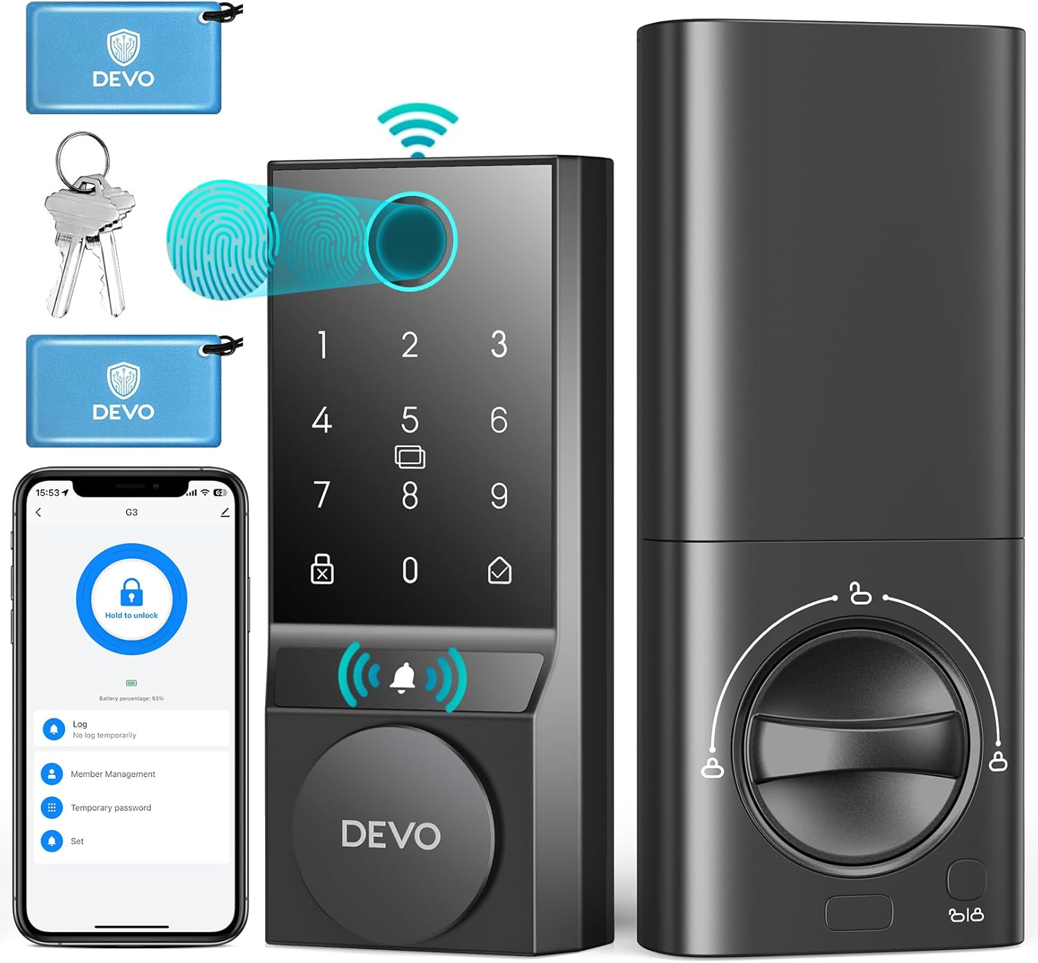 Devo G3 Door Lock for Front Door, 6 in 1 Fingerprint Keyless Entry Door Lock with Doorbell, Built-in Wi-Fi Smart Lock Deadbolt with App Remote Control, Easy Install No Hub, IP54 Waterproof, Auto-Lock