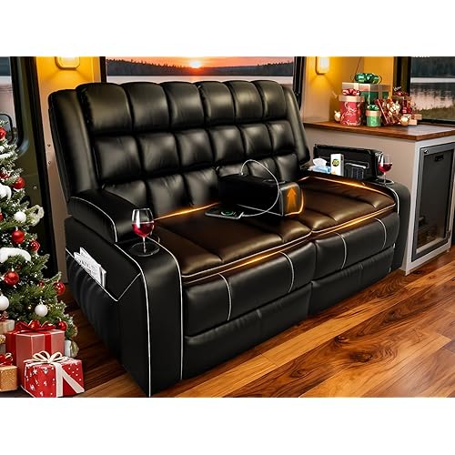 RV Loveseat Recliner Sofa, Reclining Loveseat with USB & Cup Holders, RV Wall Hugger Recliners, Double RV Couch, 2 Layer Manual Love Seat Chair for Living Room & Travel Trailers & Home Theater Seating