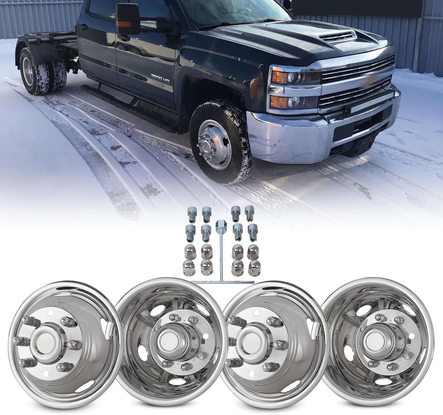 17" Dually Wheel Simulators for 2011-2025 Chevy Silverado/GMC Sierra 3500 Dual Rear Wheel Models, Over-The-Lug Mounting Style Stainless Steel Set of 4 Dually Hubcaps - 8 lugs 5 Hand Holes