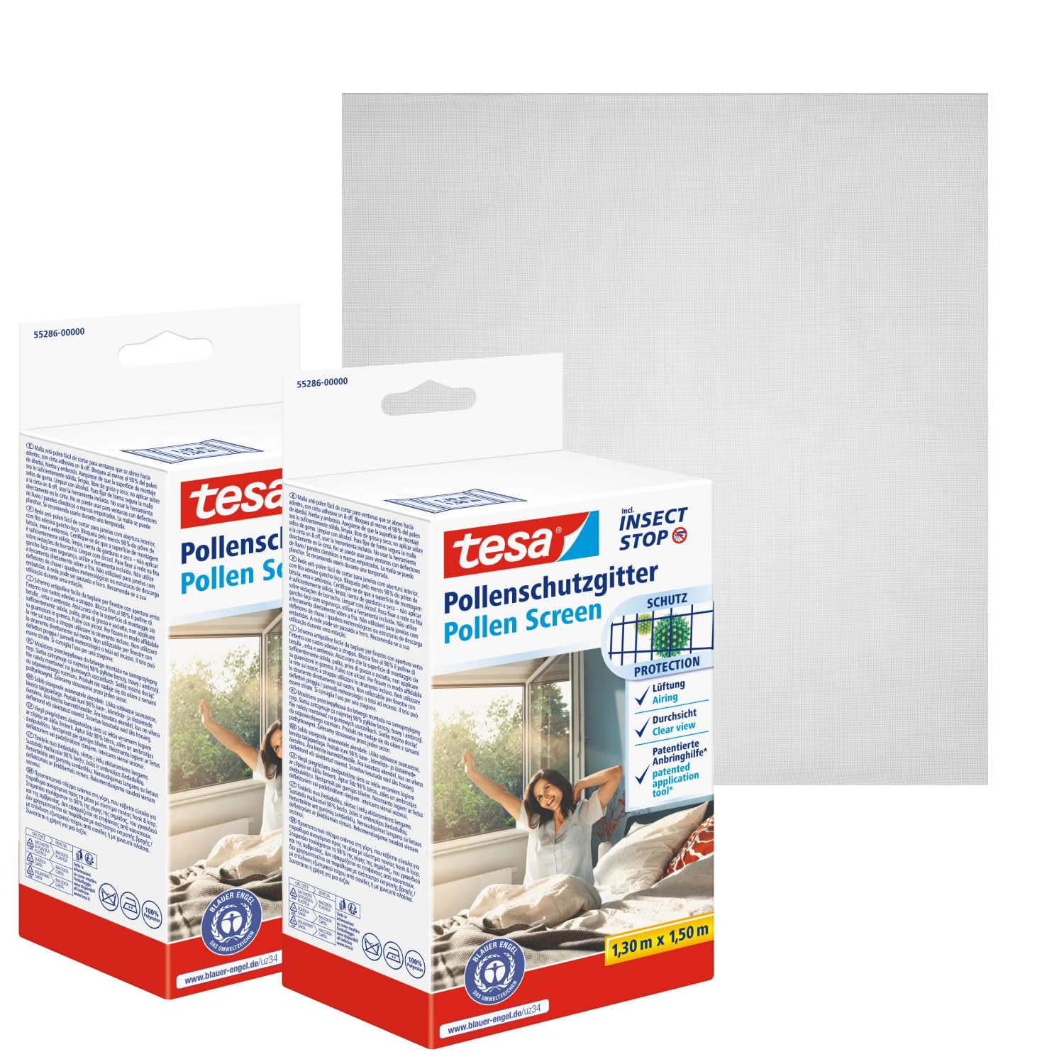 tesa INSECT STOP 2-in-1 Pollen- und Fliegengitter Premium - zuschneidbarer, transparenter Pollenschutz für Allergiker - inkl. selbstklebendem Klettband - Anthrazit - 2x 130 cm x 150 cm