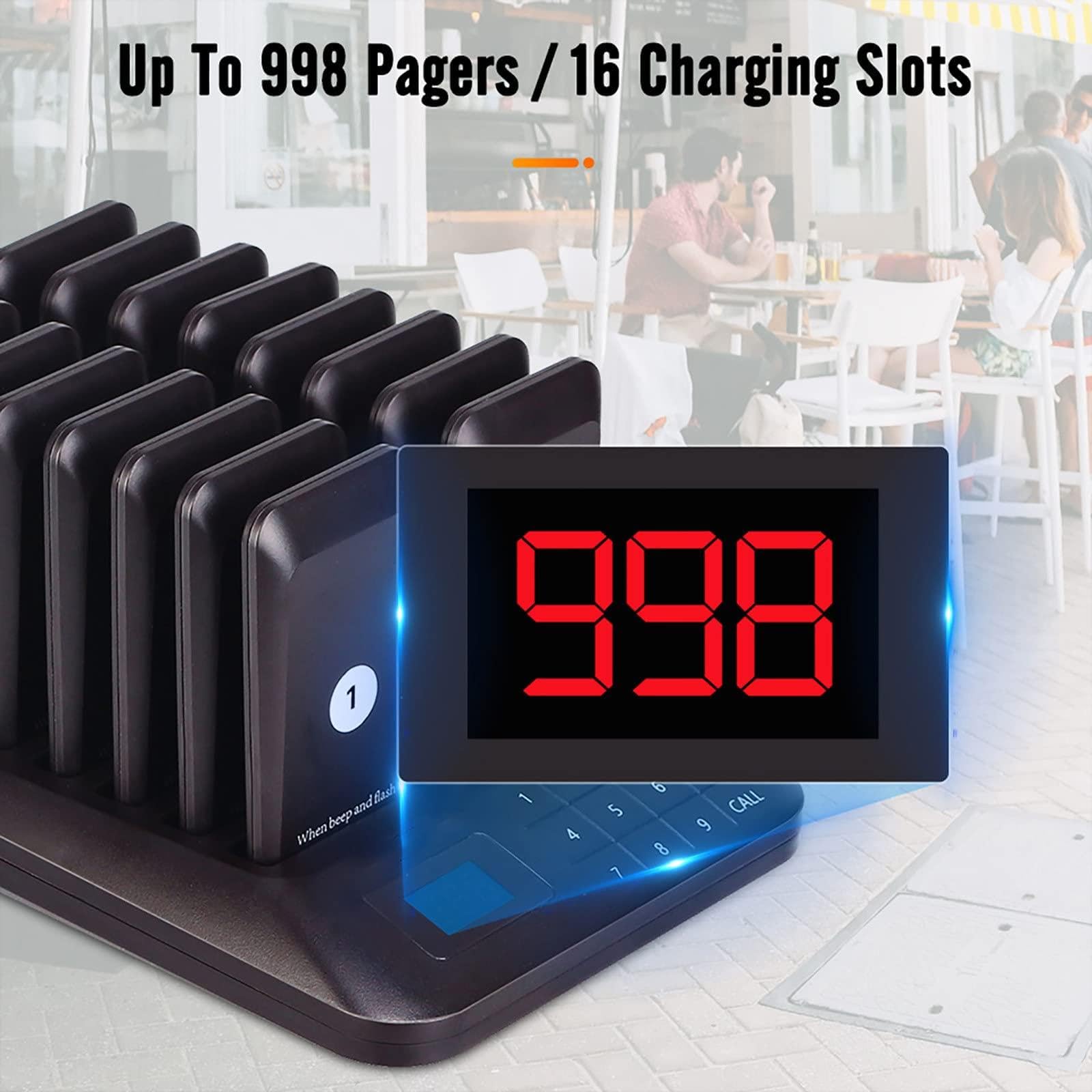 Bezprzewodowy System PrzywołAwczy Dalekiego ZasięGu W Restauracji, 2 Tryby MonitóW (Flash/Flash + Beep), 1 Klawiatura Do PołąCzeń Z Ekranem Dotykowym + 16 PageróW Coaster,Black