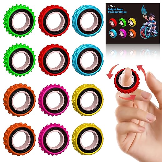Fidget Toys Sensory Ring for Kids, Finger Spinner Rings Quiet Finger Spinne Fun Fidgets for Student Classroom Prize Stocking Stuffers (12PCS)