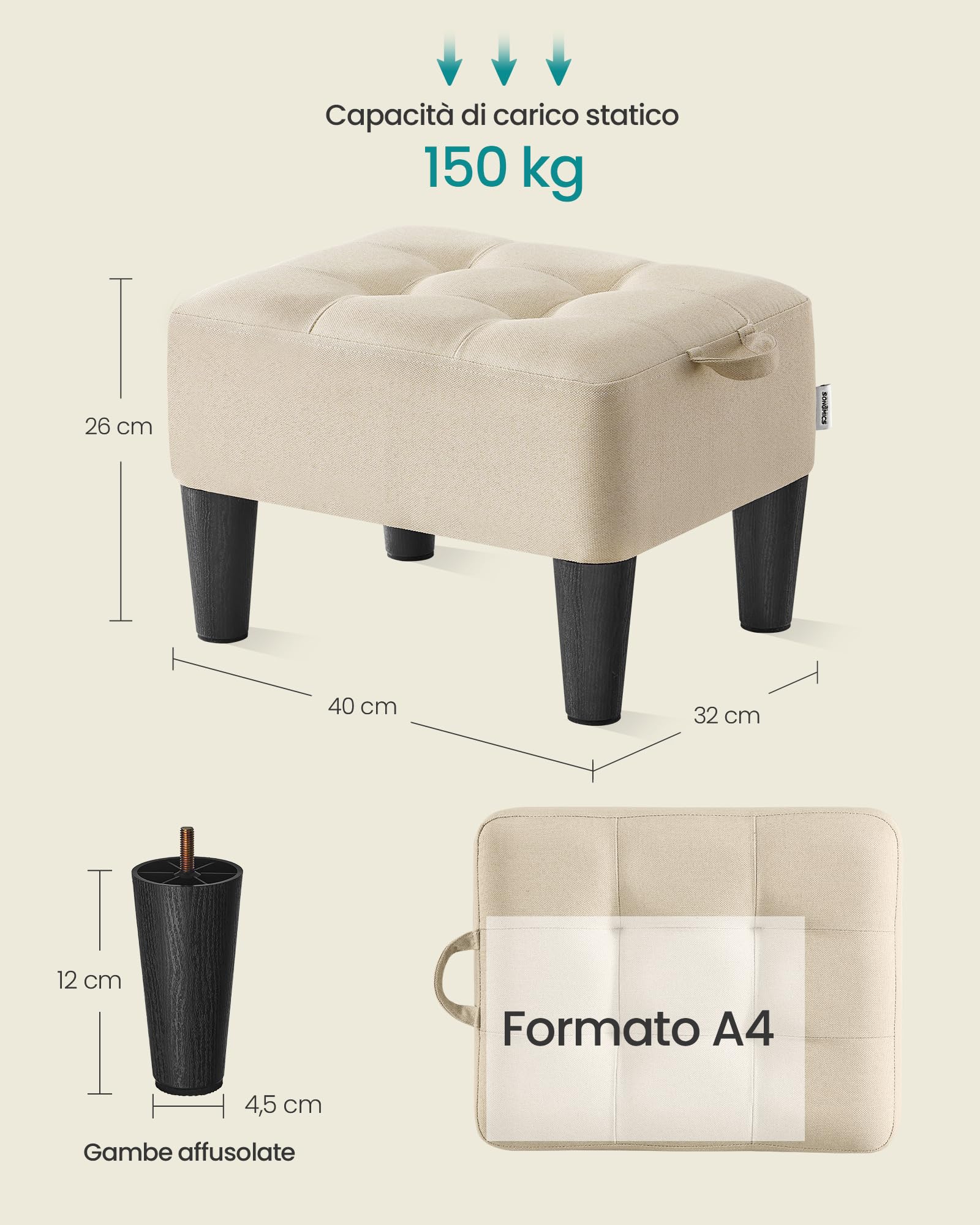 SONGMICS Sgabello Poggiapiedi, Pouf Contenitore in Tessuto Simil Lino, Imbottitura Spessa, Portata fino a 150 kg, per Soggiorno, Camera da Letto, Ingresso, Beige Sabbia e Nero Inchiostro LOM502LF01