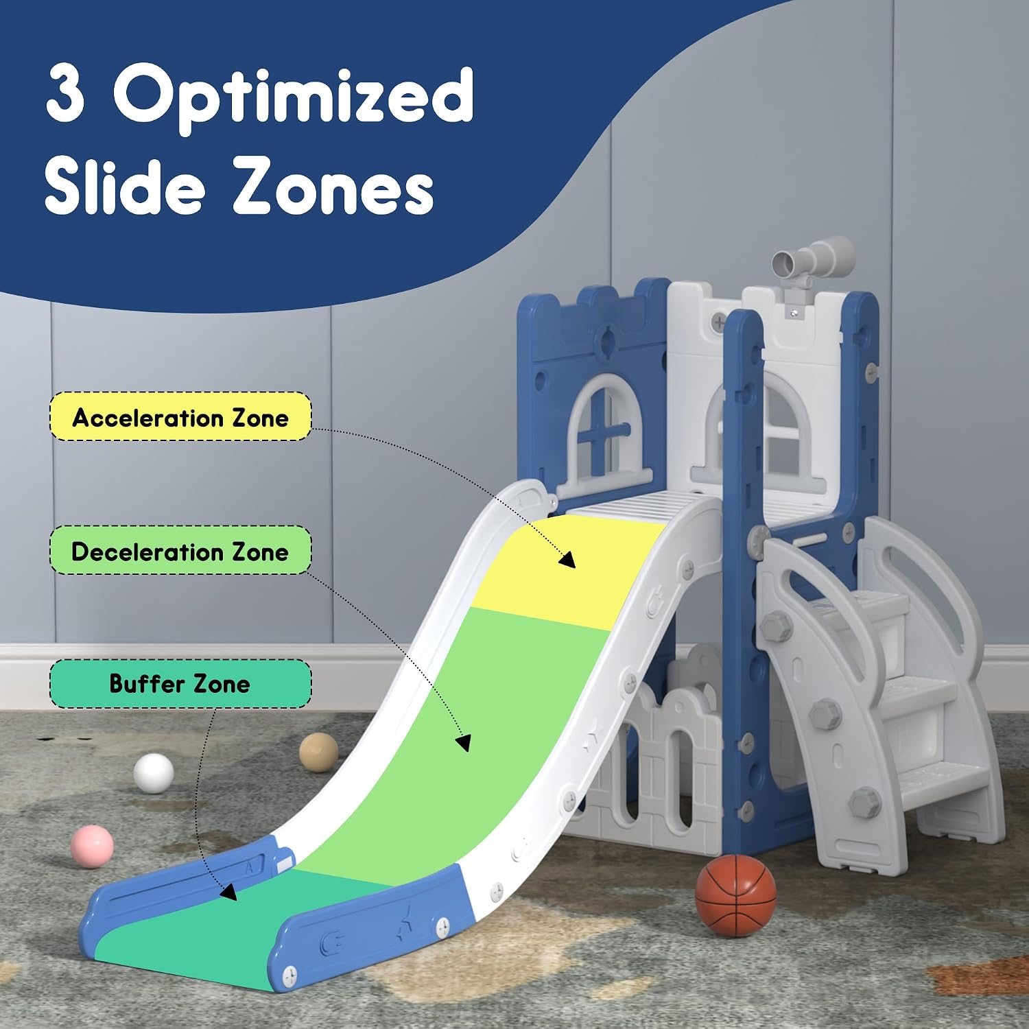 LulliSpace 6-in-1 Toddler Slide with Basketball Hoop - Image 3