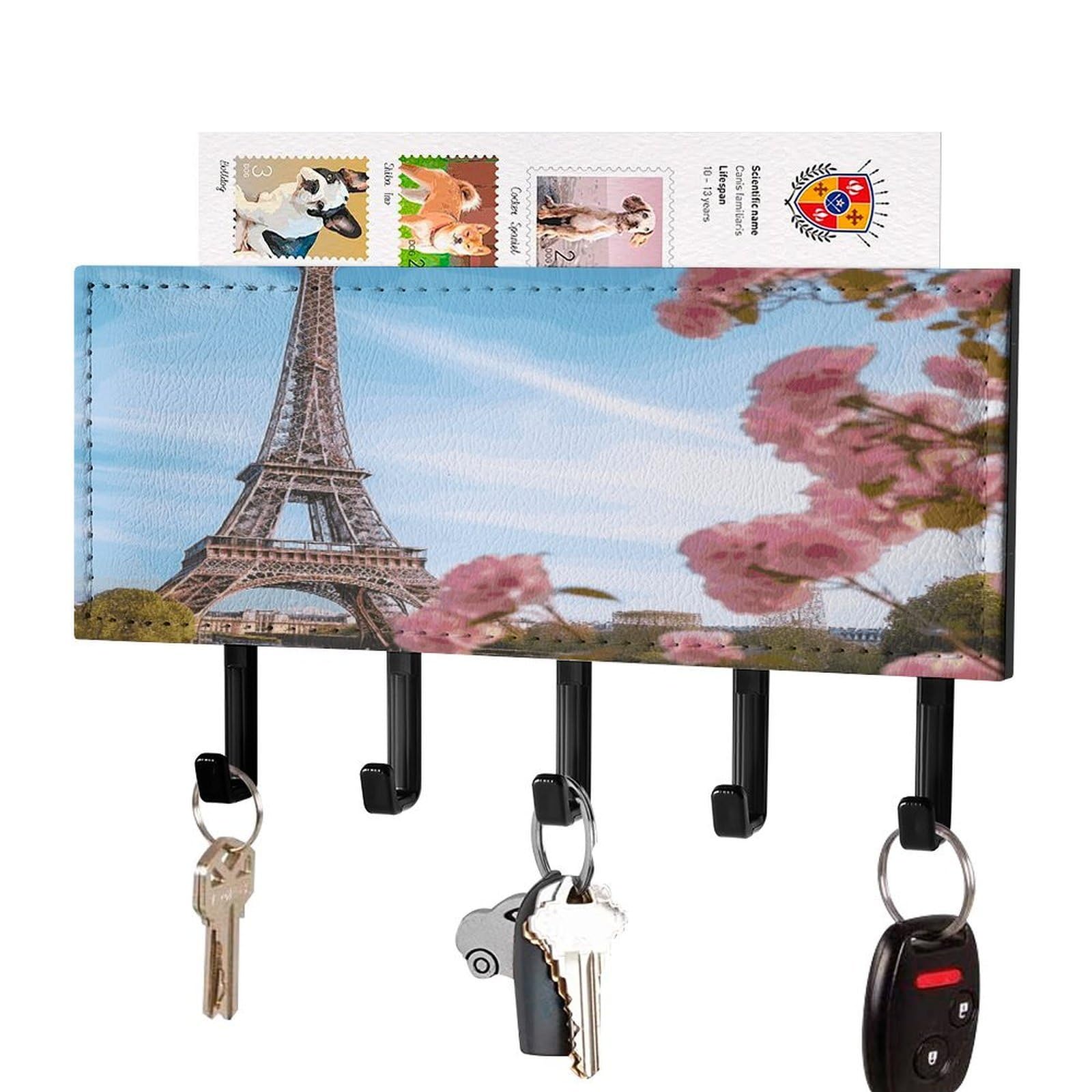 FekiLoot Paris Eiffel Tower with Flowers Key Holder for Wall Decorative Mail Organizer with 5 Key Hook Self Adhesive Key Rack with Tray Coat Rack Wall Mount Key Hanger Decor for Entryway Door