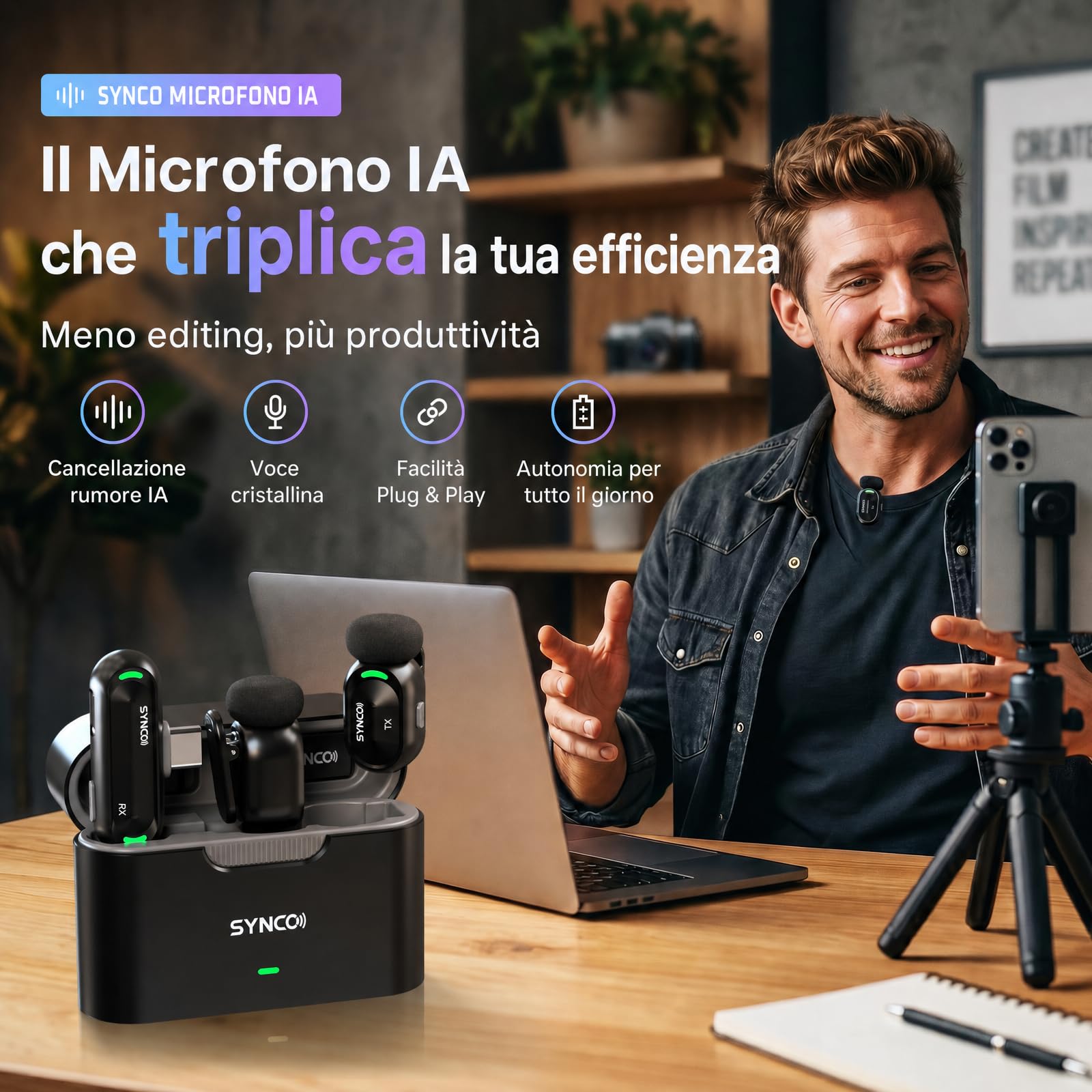 SYNCO SMICT Microfono Wireless AI per Android, Lavalier USB-C con Traduzione in Tempo Reale, App AI Bluetooth, Riduzione Rumore, 2 Microfoni per Vlog, Streaming e Interviste