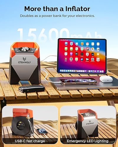 Miniatura 4 de ETENWOLF Zephyr S5 Heavy-Duty Tire Inflator Portable Air Compressor, 160PSI &15600mAh Cordless Air Pump with LED Light for Car Tires, Bike,