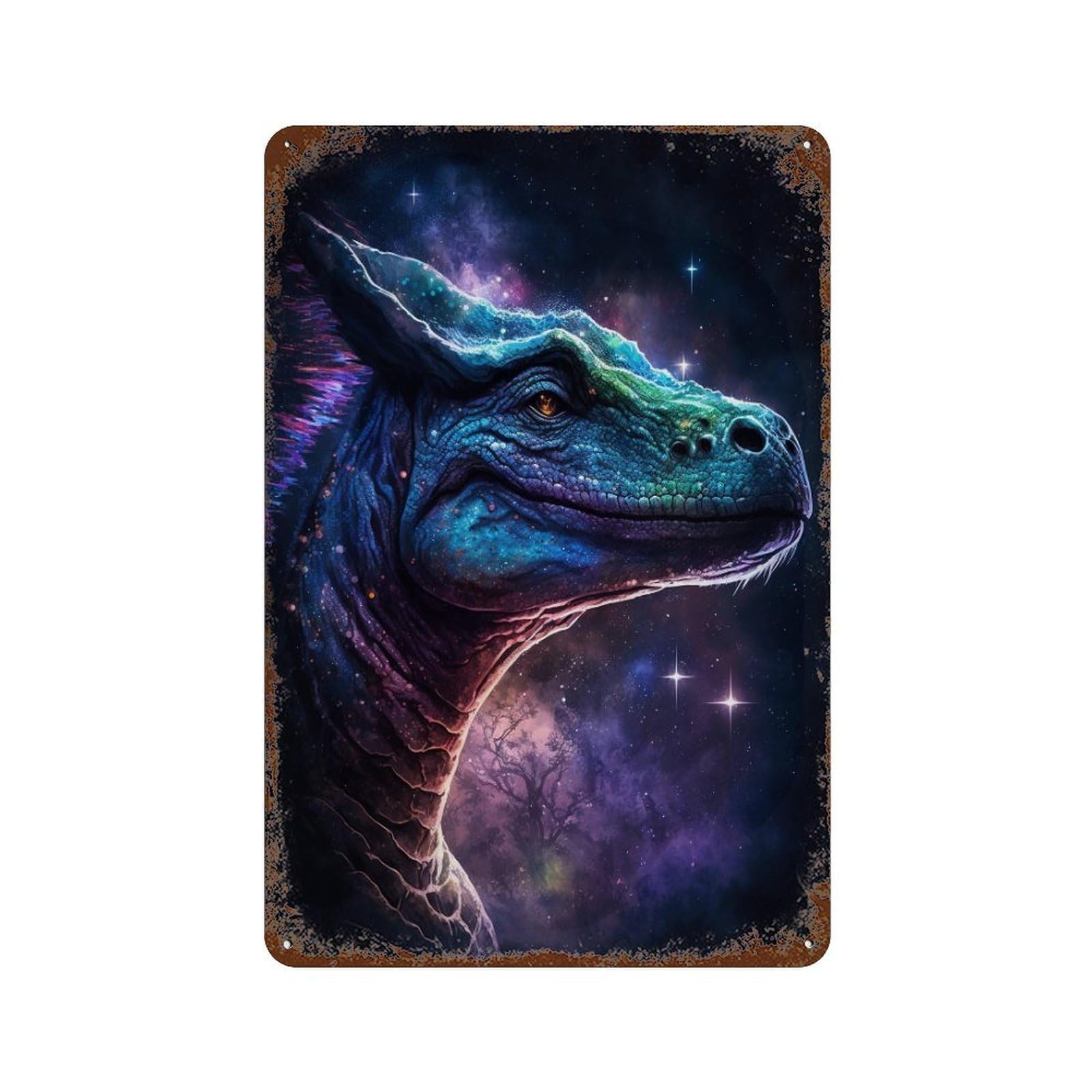 Rust Effect Galactic Dinosaur Head Retro Metal Sign 11.8"x7.9", Farmhouse Wall Decor for Living Room, Hallway And Home Decor