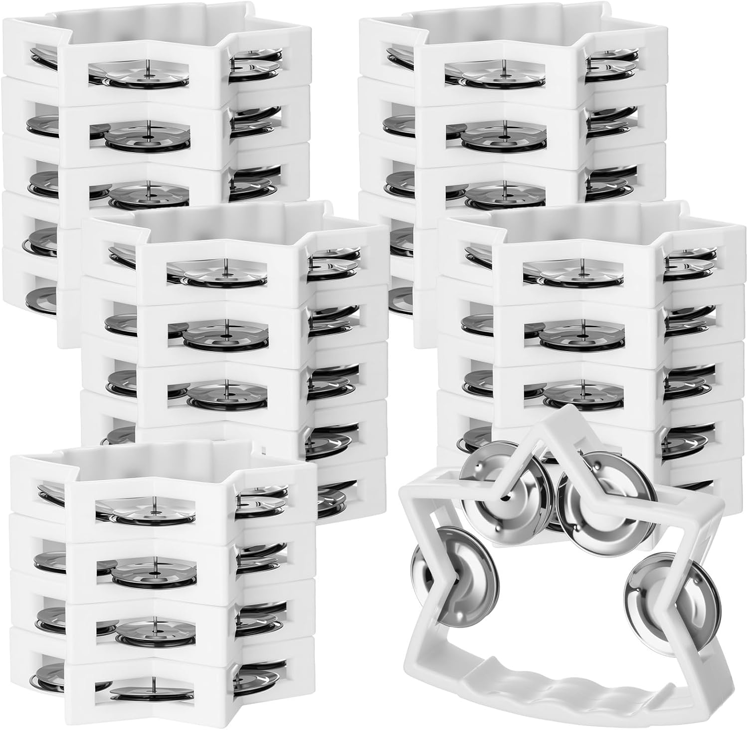 24 Pack Plastic Tambourine Noise Makers Star Percussion Tambourine Bulk Handheld Musical Percussion Instrument with 4 Bells for Music Classroom Weddings Church and musical Performances(Silver)